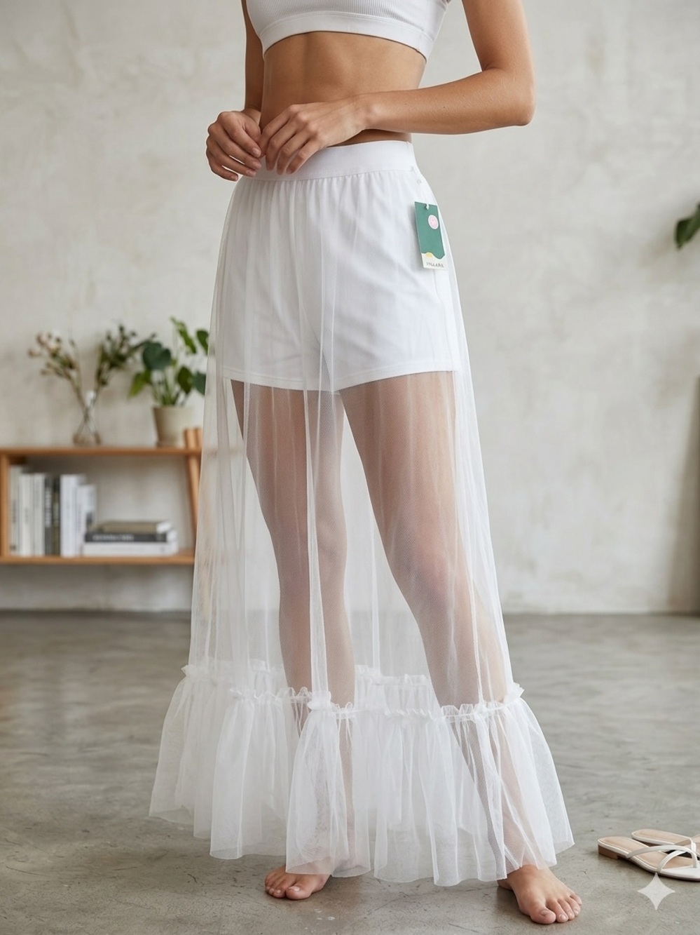 62. HALARA White Sheer Tulle Maxi Skirt with Ruffle Hem